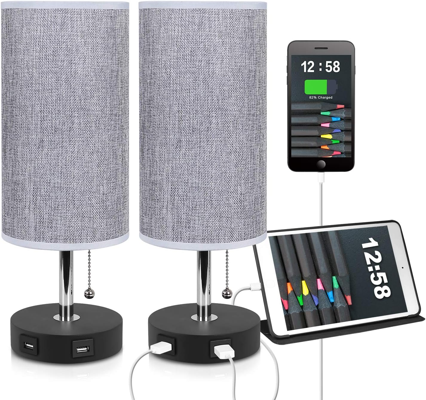 USB Table Lamp, Bedside Table Lamps with 2 Useful USB Charging Ports ,2 Pack