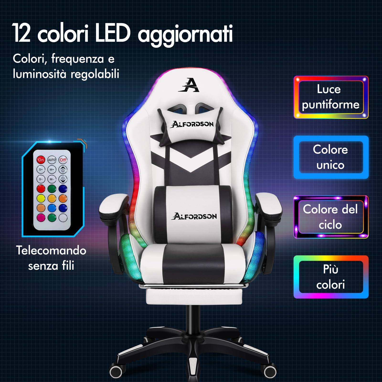 ALFORDSON Sedia da Gaming con LED, Sedia Gamer con Massaggio a 8 Punti, Sedia da gioco ergonomica con Illuminazione RGB con Supporto Lombare e Poggiatesta, Altezza Regolabile, Bianco