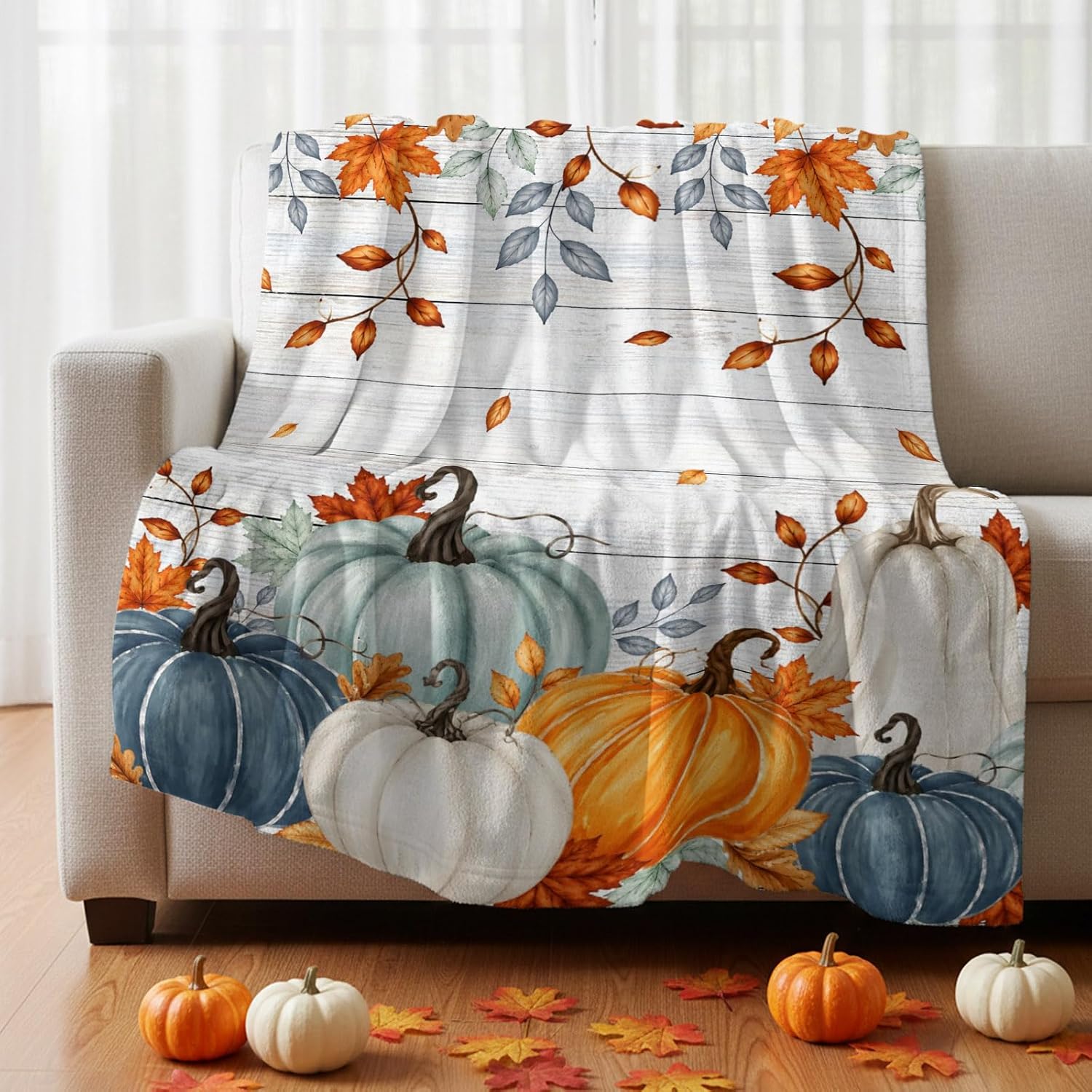 Throw Blankets, Thanksgiving Pumpkin Maple Leaf Flannel Fleece Blanket Luxury Soft Bed Blanket, Fall Fallen Leaves Wood Plank Fuzzy Cozy Warm Fleece TV Blanket for Sofa Couch Chair 40 x 50 inches