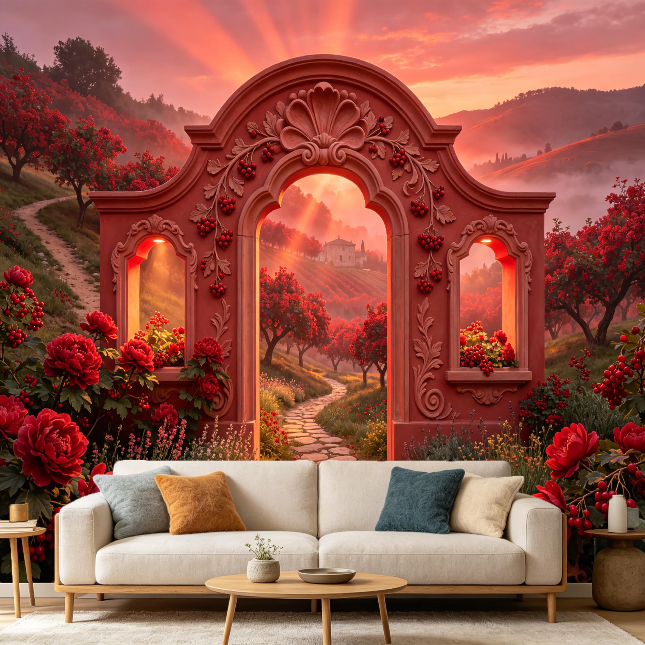 Custom Size Wall Mural， Sunset Tuscany Archway Red Floral Landscape Oil Painting， SelfAdhesive Art Prints wall Fabric Removable Large Wallpaper Home Living Room Decor
