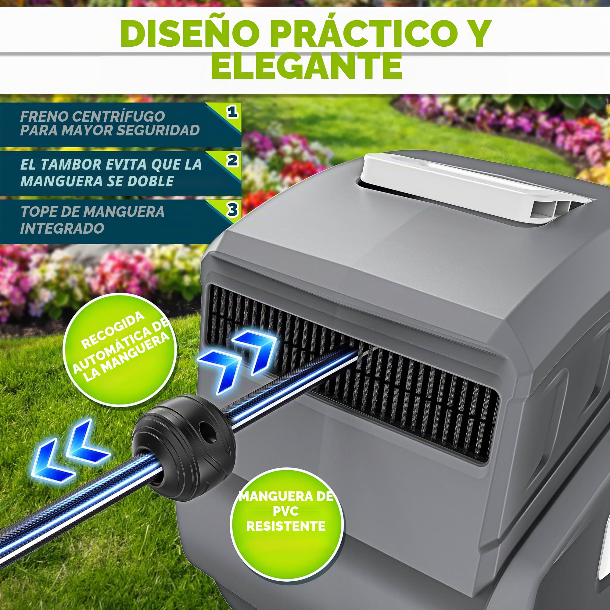 tillvex Carrete para Manguera de agua 20+2m con soporte de pared | Enrollador de manguera con pistola manual y manguera de jardín | Caja de manguera para pared con enrollado automático