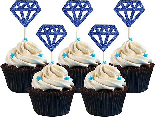 24 piezas de anillos de diamantes para cupcakes con purpurina azul profundo, anillos de boda, para boda, compromiso, aniversario, fiesta de San