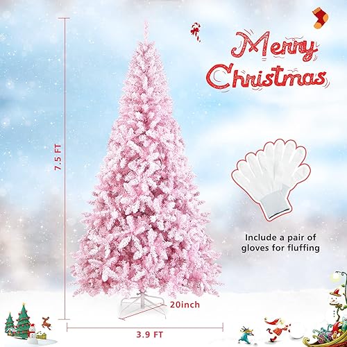 Miniatura 6 de BestComfort Árbol de Navidad flocado de nieve rosa preiluminado de 7.5 pies, 1100 puntas de rama, 450 luces cálidas, 8 modos de iluminación, soporte