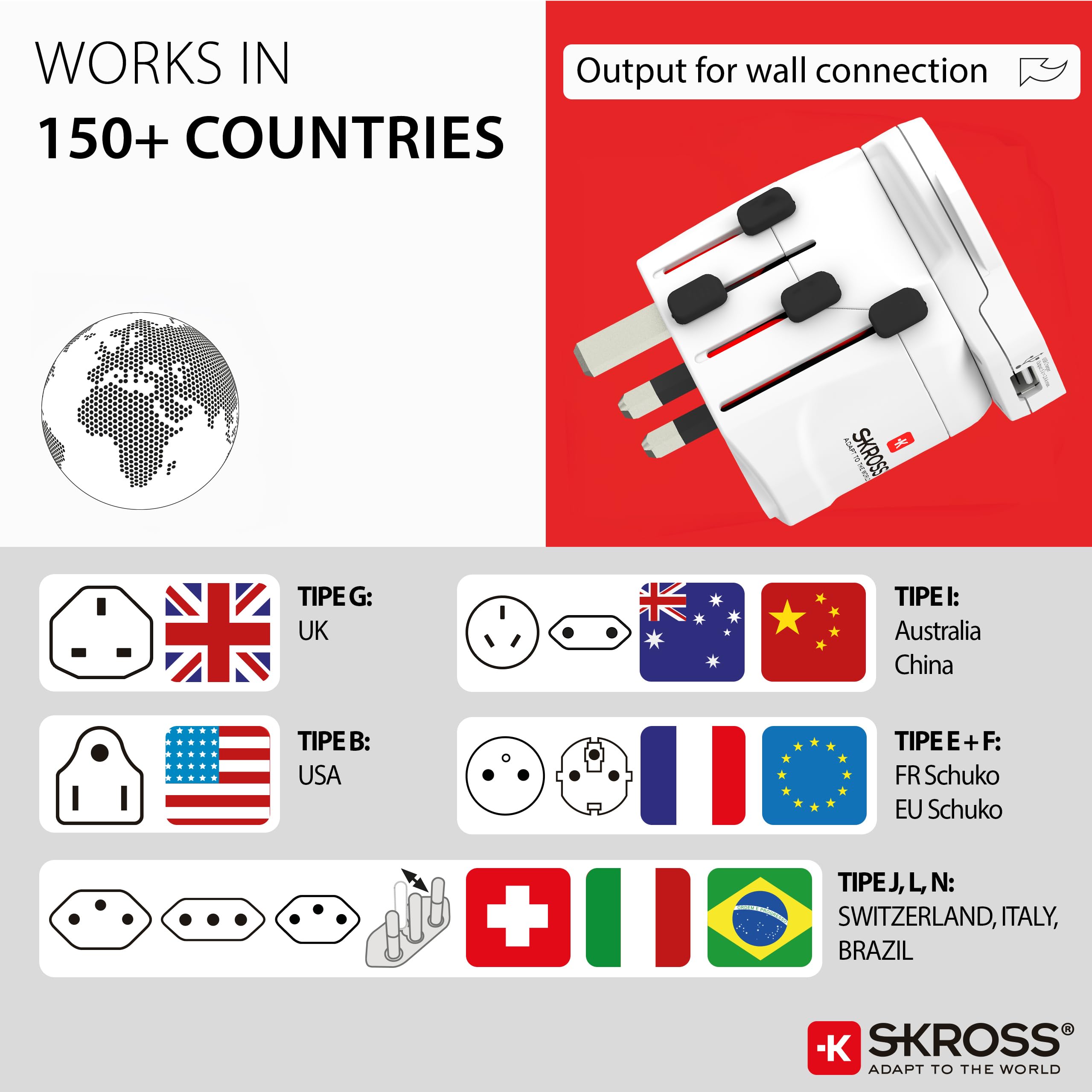 SKROSS 1.302539 | PRO – World & USB | 2 w 1 - Uniwersalny adapter podróżny do i z całego świata - Napięcie i moc: 100 V – 700 W / 250 V – 1750 W - Gniazdo USB 2,4 A - Ochrona przed wstrząsami, Biały