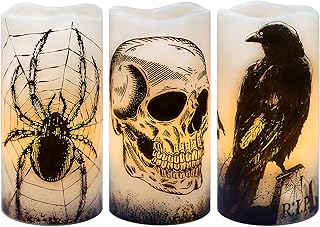 Flameless Halloween Candles Battery Operated Halloween Decorations Indoor Halloween Decor Halloween Led Candles Flickering Real Wax Halloween Pillar Candles Skull, Spider Web, Crow Raven