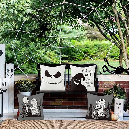 Miniatura 6 de 4 fundas de almohada navideñas de Halloween Jack y Sally de 18 x 18 pulgadas, fundas decorativas de lino para el hogar, sofá, cama