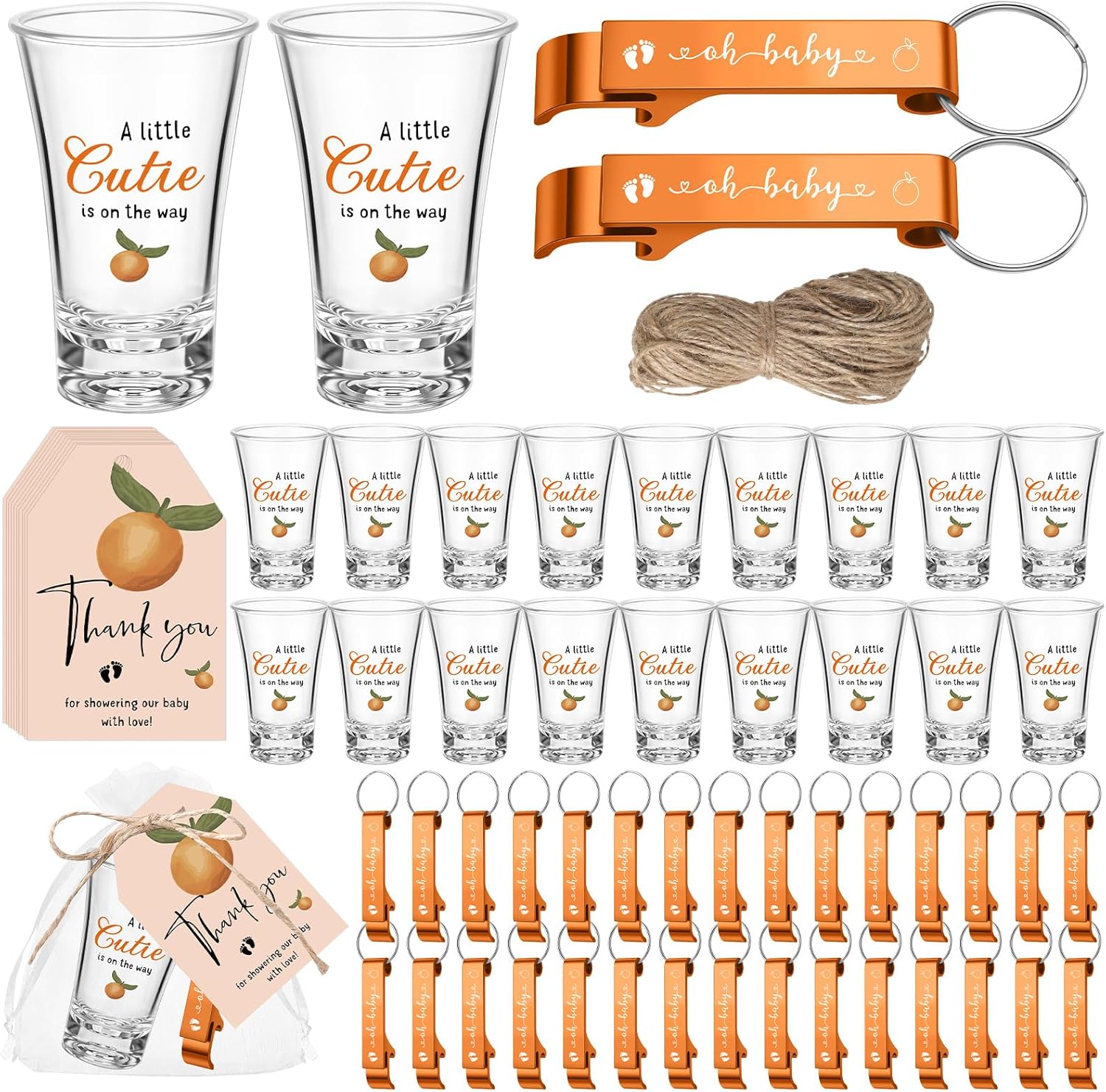 50 Sets Baby Shower Favor for Guests Acrylic Shot Glasses with Bottle Opener Keychains Thank You Tags and Bags Gender Reveal Party Favors for Guest Baby Shower Return Gift(Cutie)