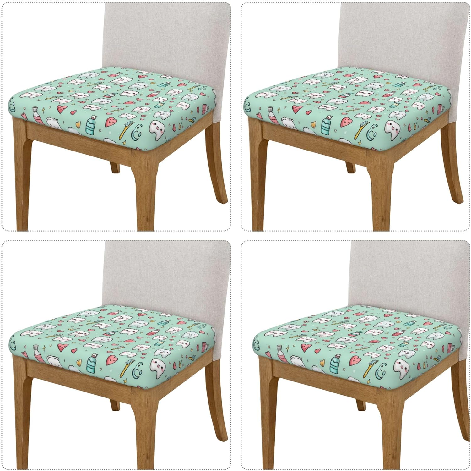 Dental 2 Print Chair Seat Covers Stretch Removable Washable Chair Seat Cushion Protector Slipcovers Four Pieces with Ties