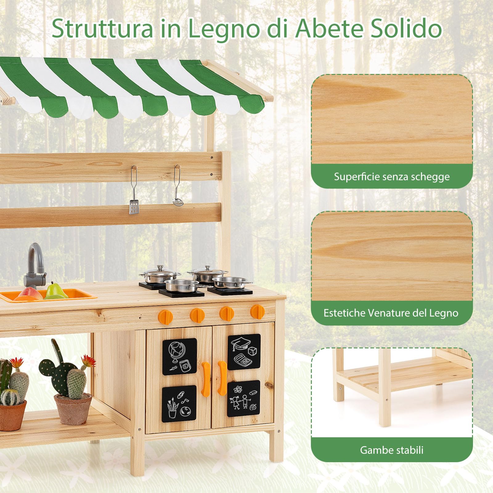COSTWAY Cucina Giocattolo per Giardino in Legno di Abete, Cucina per Fango da Esterno con Tettoia, Fornelli, Ganci, 4 Lavagne e Lavello, Set Cucina con 5 Accessori, 88 x 39 x 117 cm