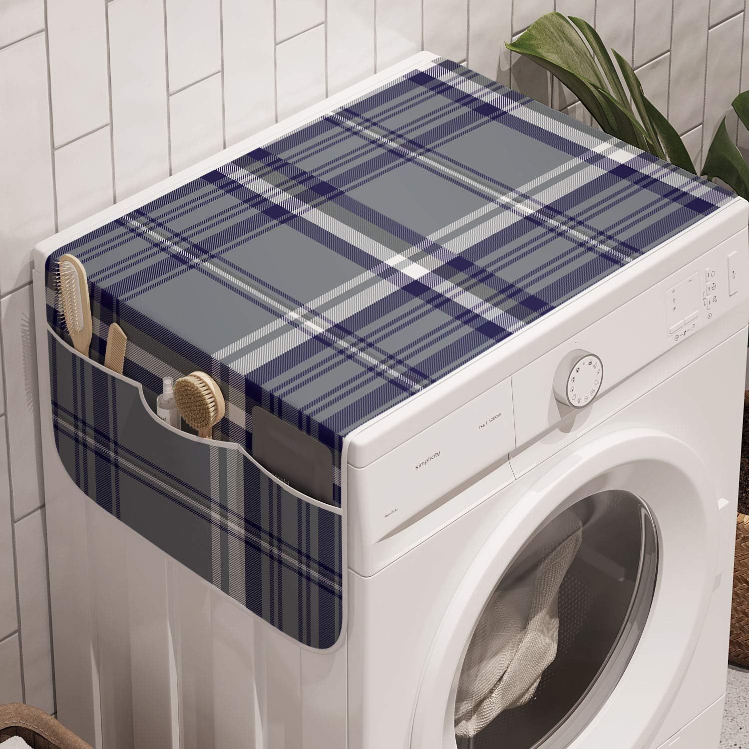 Lunarable Plaid Washing Machine Organizer, Creative Design Hatched Crossing Lines Squares Classic Fashion, Anti-slip Fabric Cover for Washers and Dryers, 47" x 18.5", Purpleblue Indigo White