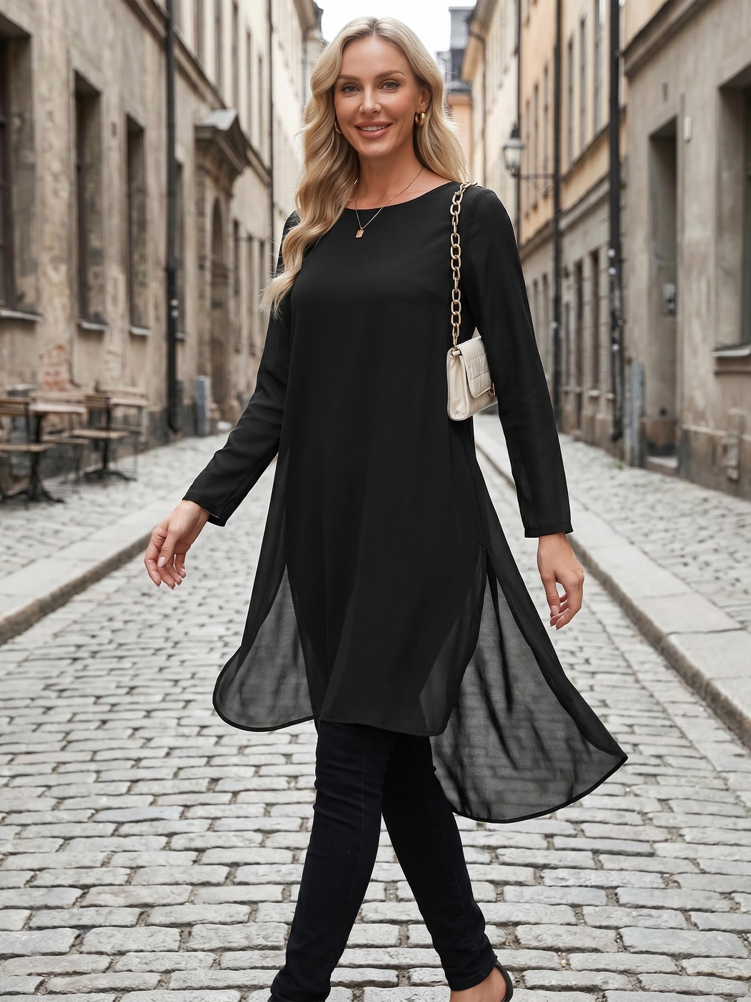 Seta T Camicetta da donna in chiffon, con scollo rotondo, asimmetrica, a maniche lunghe, con spacco laterale, casual
