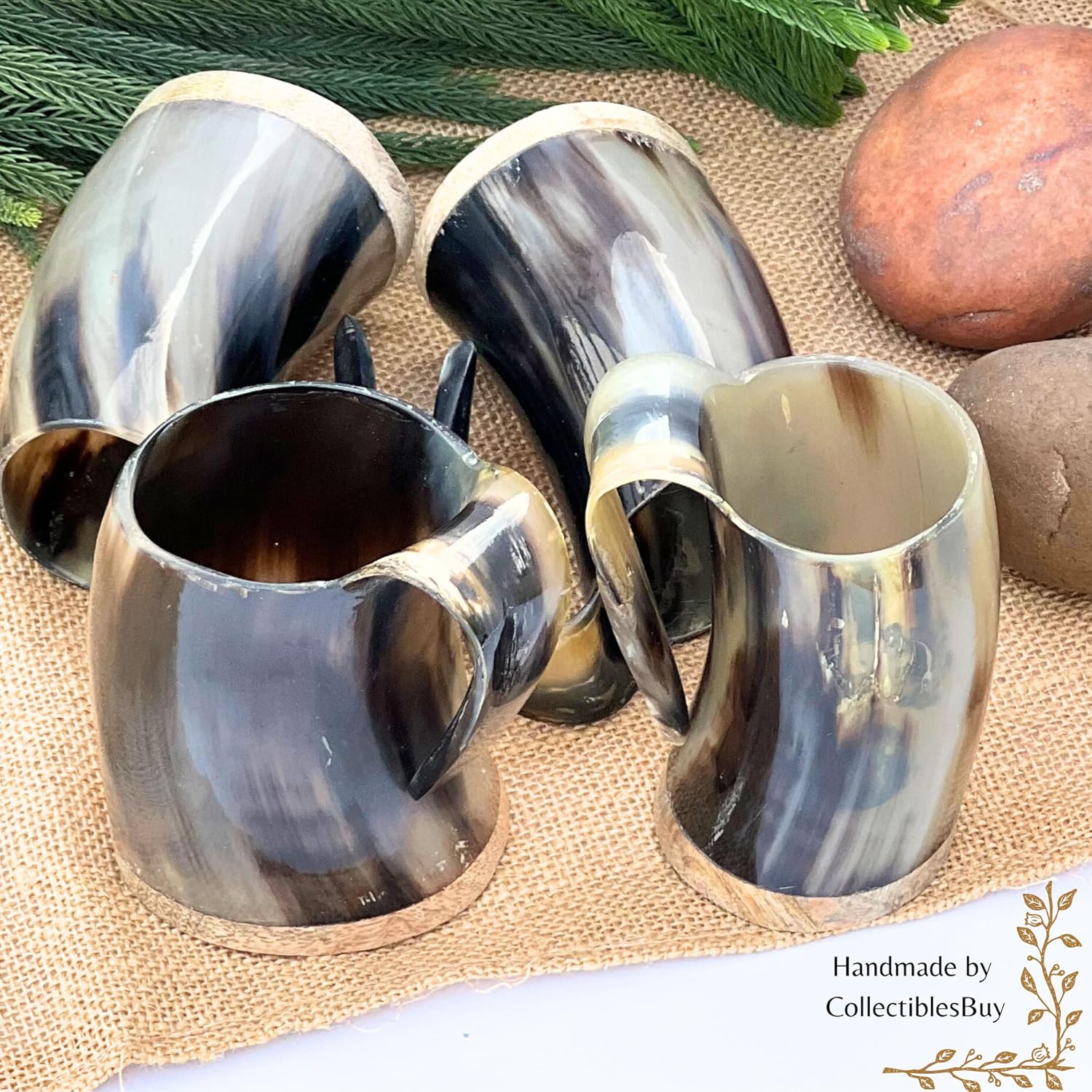 Vintage Viking Horn Mugs Set of 4 Handmade Ox Horn Tankards for Beer Wine Mead Rustic Medieval Drinkware Cups for Bar Home Decor & Gifting