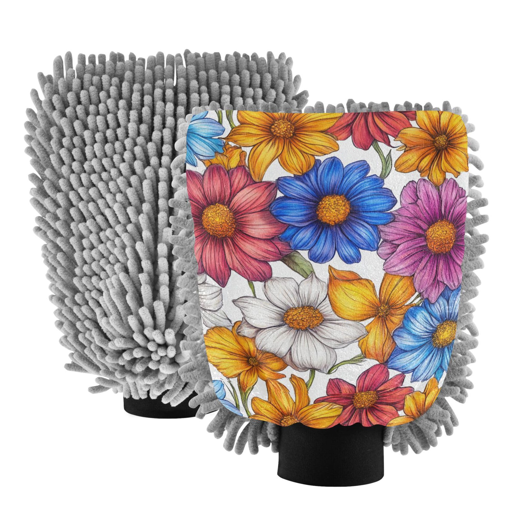 Florals Rose Daisy Dahlia White Microfiber Wash Mitt 2 Pack Car Washing Glove Non Scratch Washer Sponge for Hand Brush Cleaning