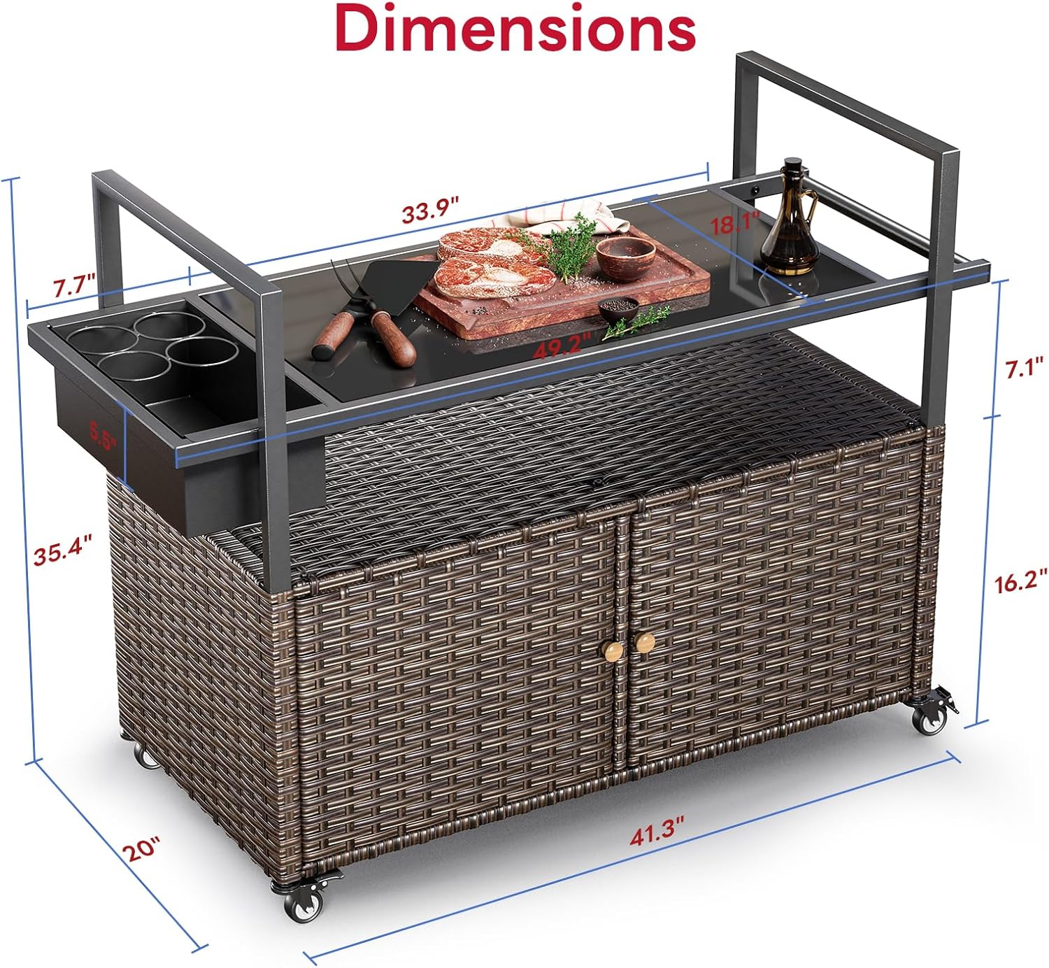 Outdoor Bar Cart with Storage Cabinet, Outdoor Grill Cart with Wheels, Rattan Bar Cart with Tempered Glass Tabletop, Outdoor Buffet Cabinet Table Cart for Mini Bar, BBQ, Food Serving, Brown Wicker
