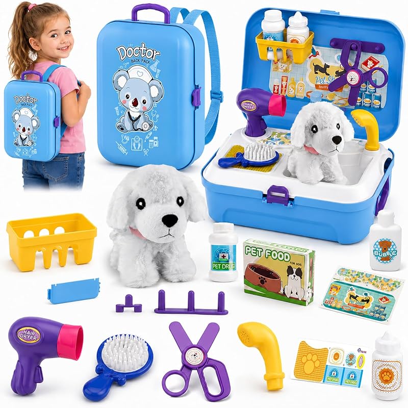 Pet Care Playset, 16Pcs Kids Doctor Kit with Plush Dog & Backpack for Dog Grooming & Feeding, Pet Doctor Pretend Play Toys for 3 4 5 6 7 Years Old Girls Boys Birthday