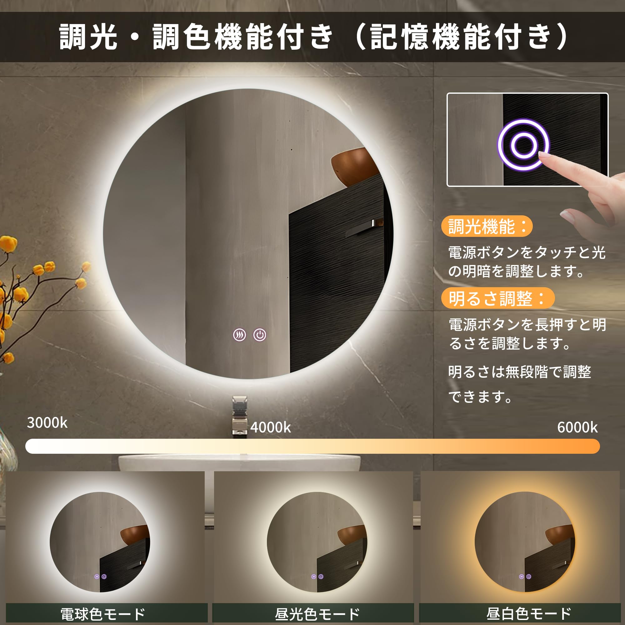 【美品】LEDライト付きミラー 直径50cm三段階調 光＋曇り止め機能付き壁掛け Amazon | ミルオ君の鏡工房 LEDミラー 鏡 ウォールミラー 壁掛け 曇り