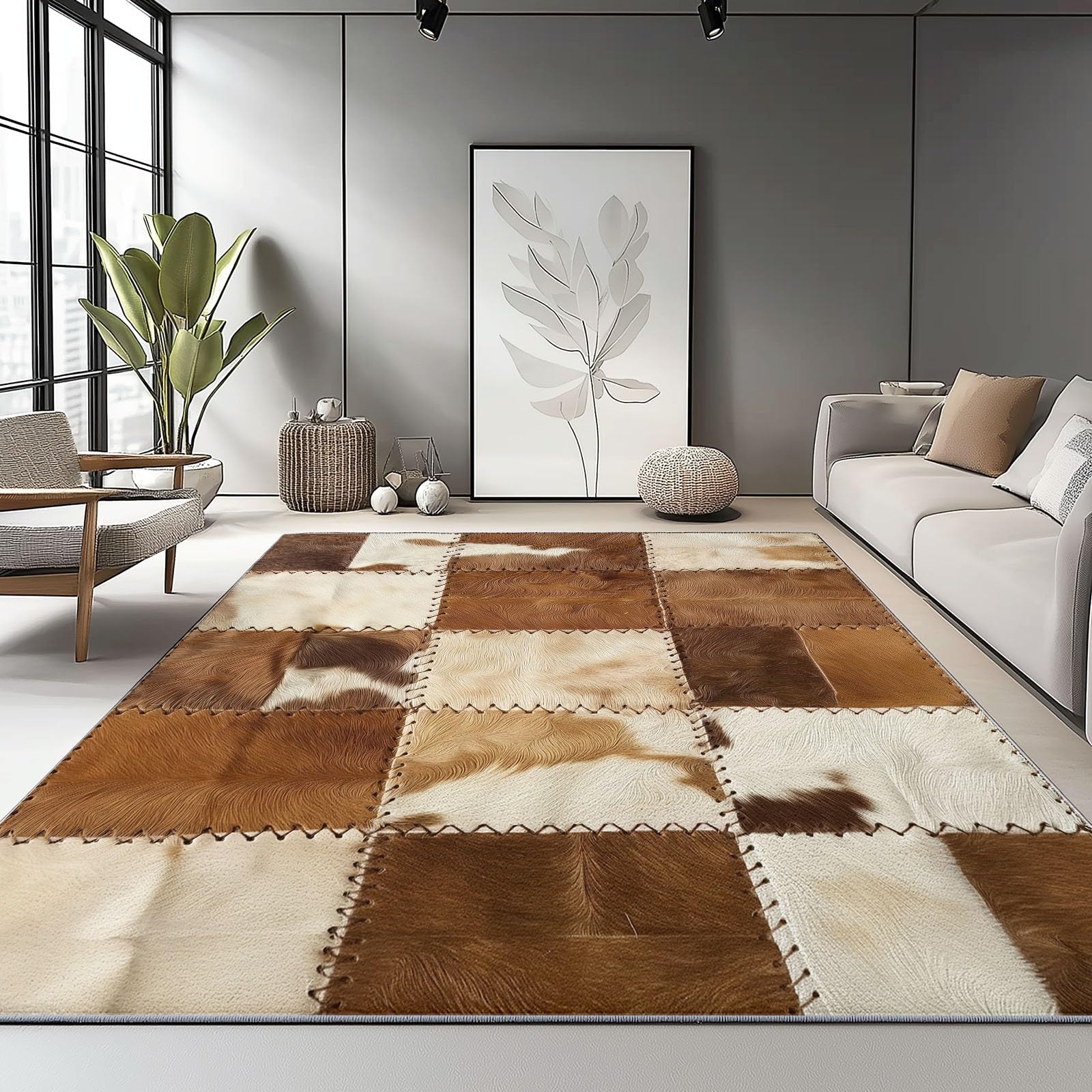 Tappeto per soggiorno, camera da letto, sala da pranzo, ufficio, ingresso, Semplice Patchwork Di Mucca Stampato a pelo corto morbido leggero antiscivolo durevole 80 x 150 cm, Marrone Bianco