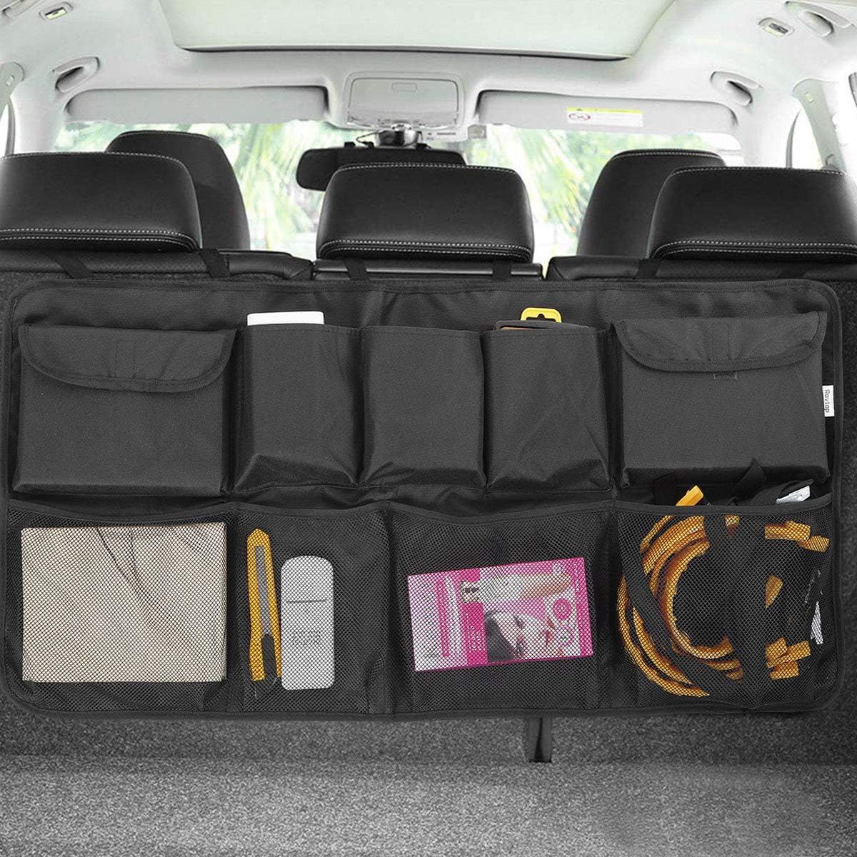 Car Backseat Trunk Organizer, Auto Hanging Back Seat Storage, Car Cargo Trunk Storage Organizer Bag for Truck, SUV, Van with Adjustable Straps