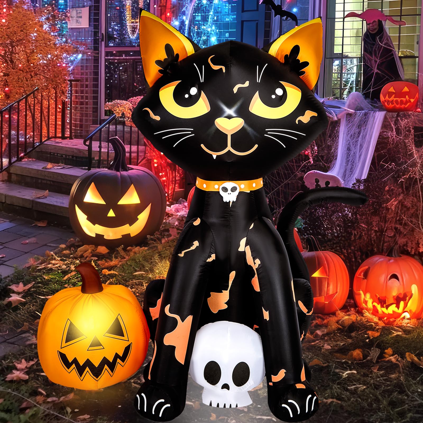 CAMULAND 5FT Halloween Decorations Outdoor,Halloween Inflatable Blow Up Black Cat and Pumpkin Decor with Built-in LED Lights Trick or Treat for Indoor