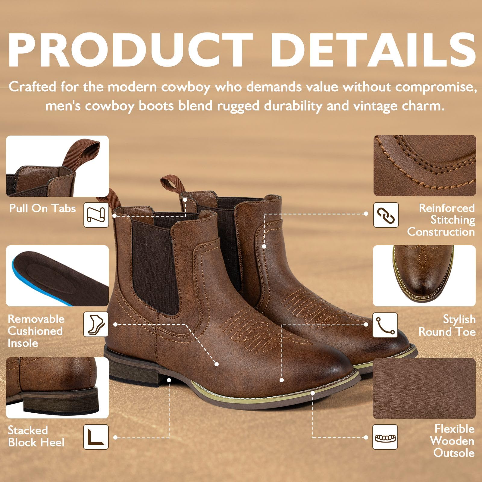 J's.o.l.e Stivali Chelsea da uomo alla caviglia stivali da cowboy per uomo Western punta rotonda slip on casual stivali da lavoro marrone