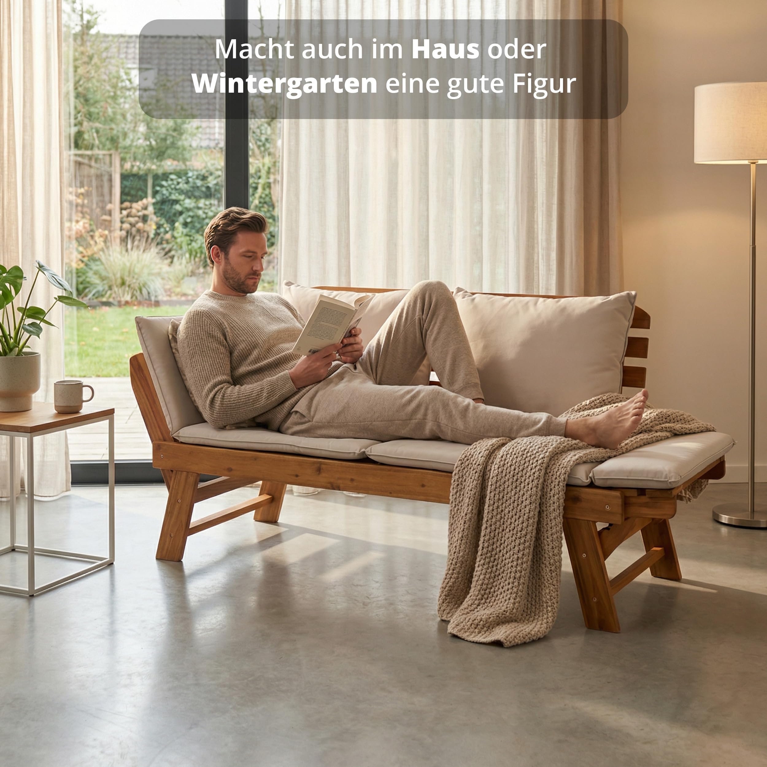 KHG Gartenbank Akazie geölt, Daybed, Sonnenliege, Lounge-Set Gestell Braun klappbar, abnehmbare Auflagen aus Polyester Hellgrau, wetterfest, 260 kg belastbar