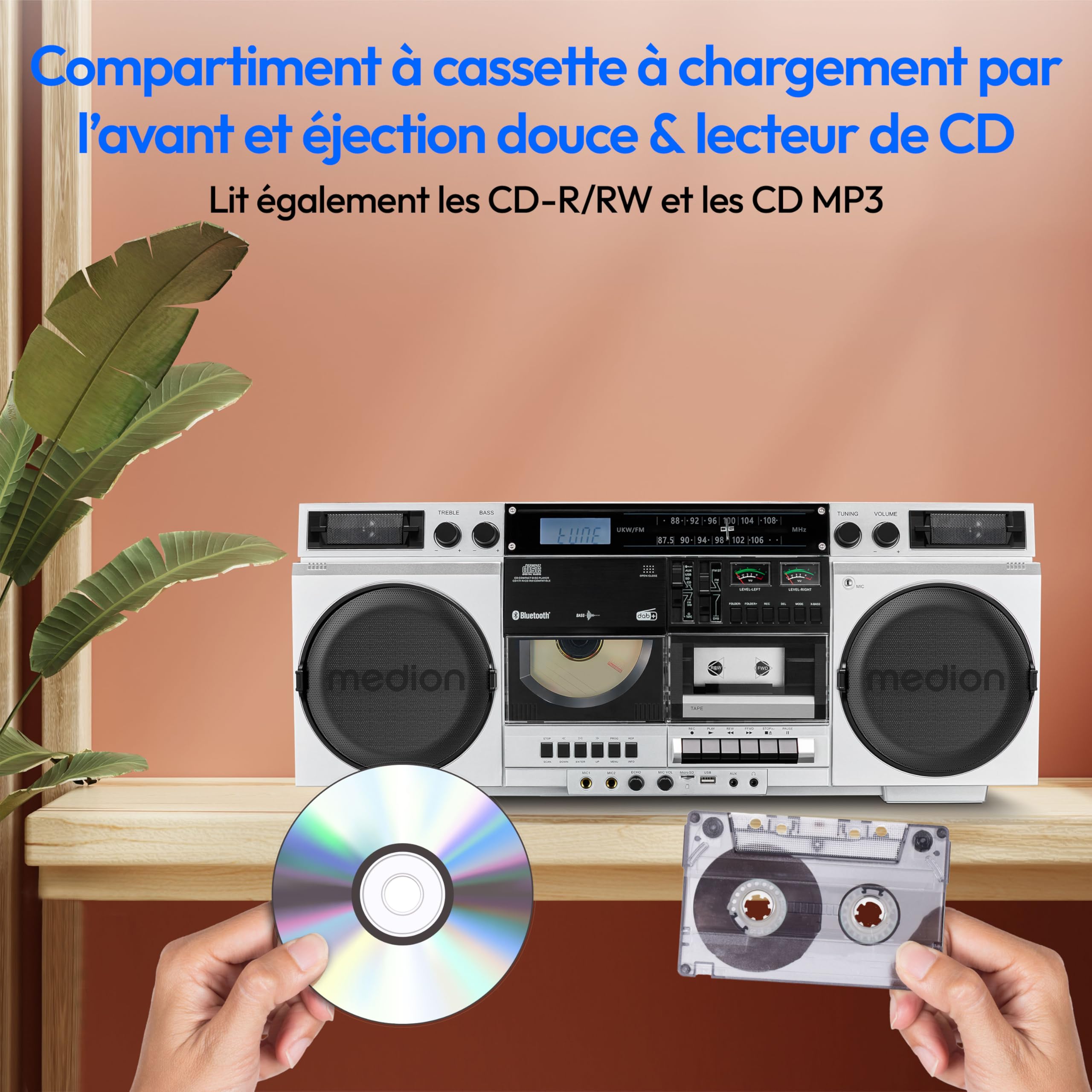 MEDION P66538 Enregistreur à cassettes Ghettoblaster rétro lecteur CD USB SD radio DAB+ Bluetooth platine cassette