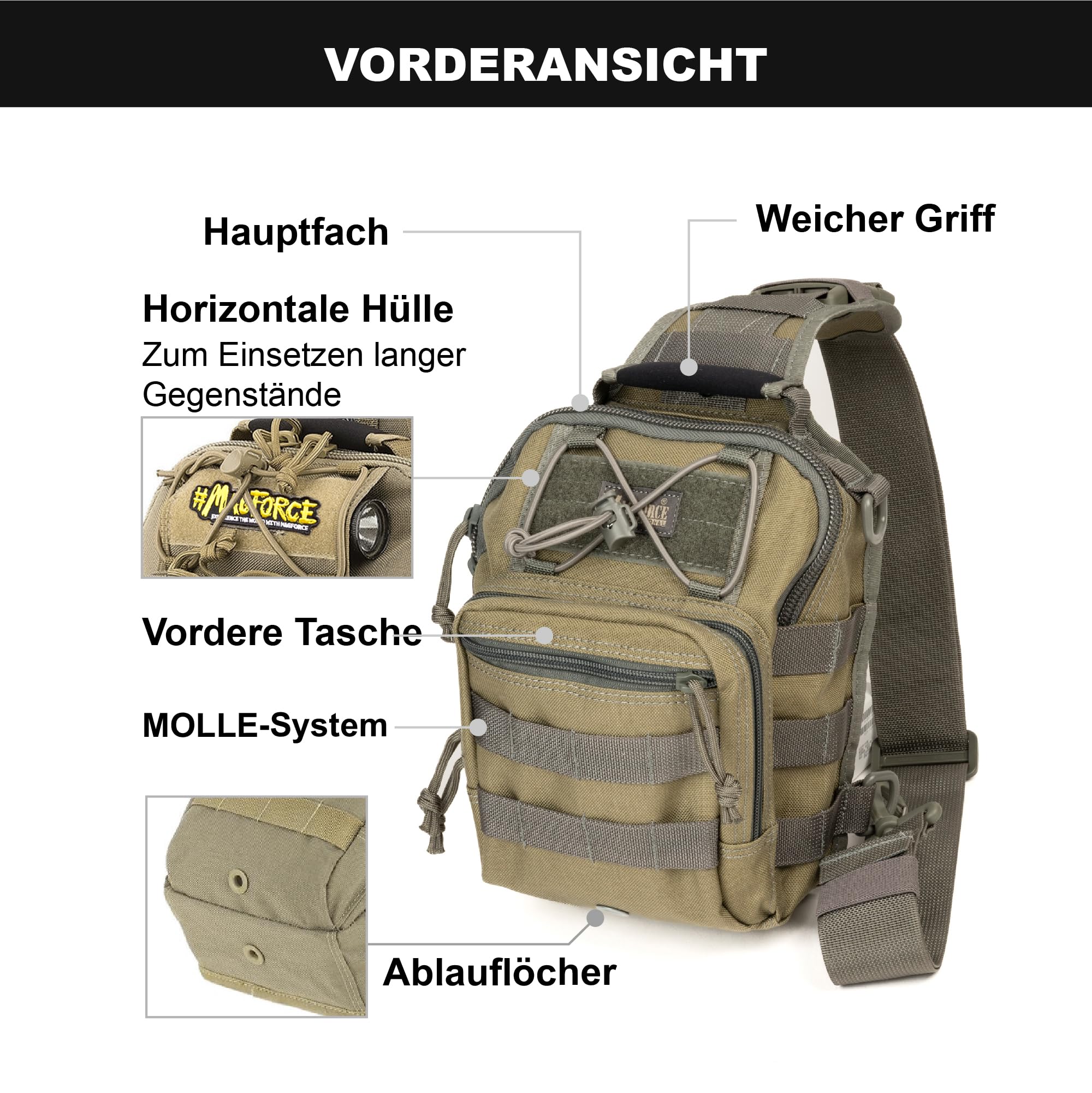 MAGFORCE Taktische Sling Bag „Hamburger Bag“ – Kompakte Schulter- und Brusttasche mit Molle-System, Leichtes Nylon, Große Kapazität, Mehrere Fächer, mit Tragegurt Khaki-Laub, Größe S – 1050D