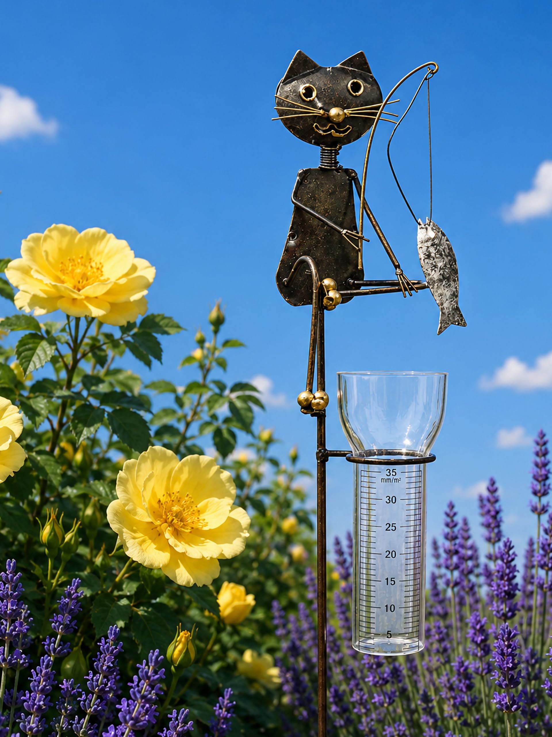 Pommerntraum ®| Regenmesser Ombrometer Katzen Gartendekoration Geschenkidee | Niederschlagsmesser Pluviometer Gartendeko Gartenstecker Katzenfigur Gartenfigur Gartenaccessoires (Katze Kater angelt Fisch)
