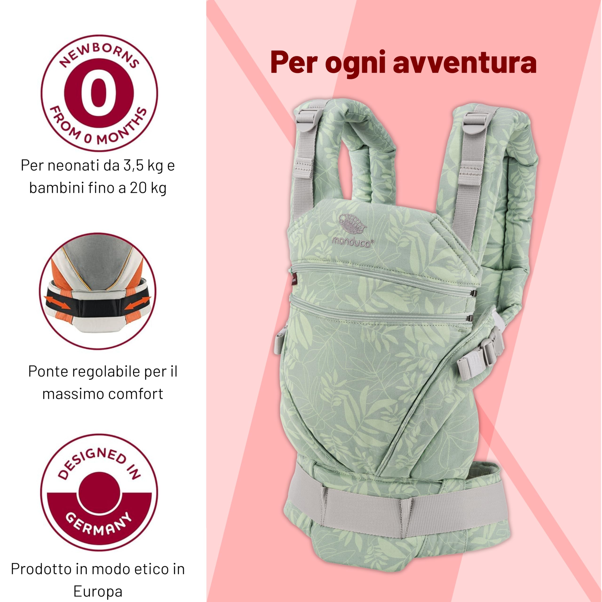 manduca XT - Zaino per neonati espandibile, per neonati e bambini piccoli, in cotone biologico, per porteo anteriore, fianchi e schiena, botanico verde