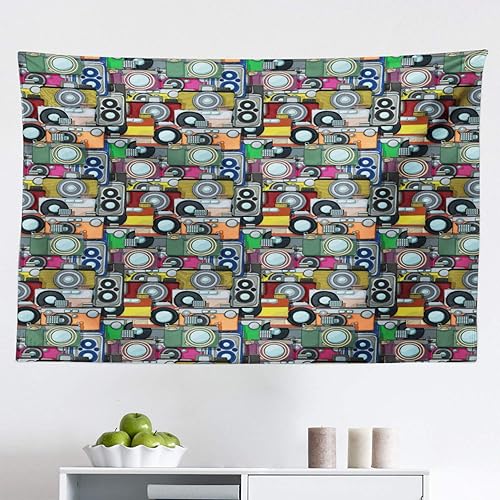 Lunarable Retro Tapestry, Grunge Retro Camera Pattern Cartoon Style Illustration Vintage Technology Design, Fabric Wall Hanging Decor for Bedroom