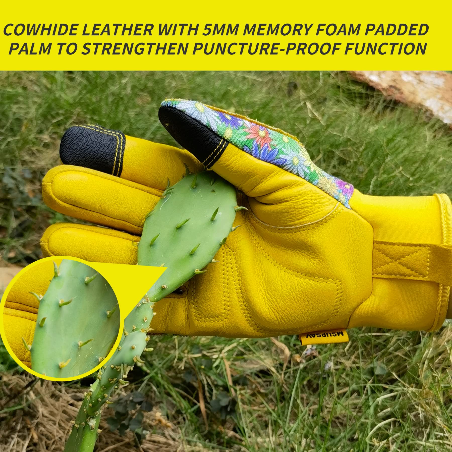 2 Paar Gartenhandschuhe, Rindsleder, Gartenhandschuhe, multifunktionale Outdoor-Gartenarbeitshandschuhe für Männer und Frauen, Geschenke, bunte Blumen, Größe M
