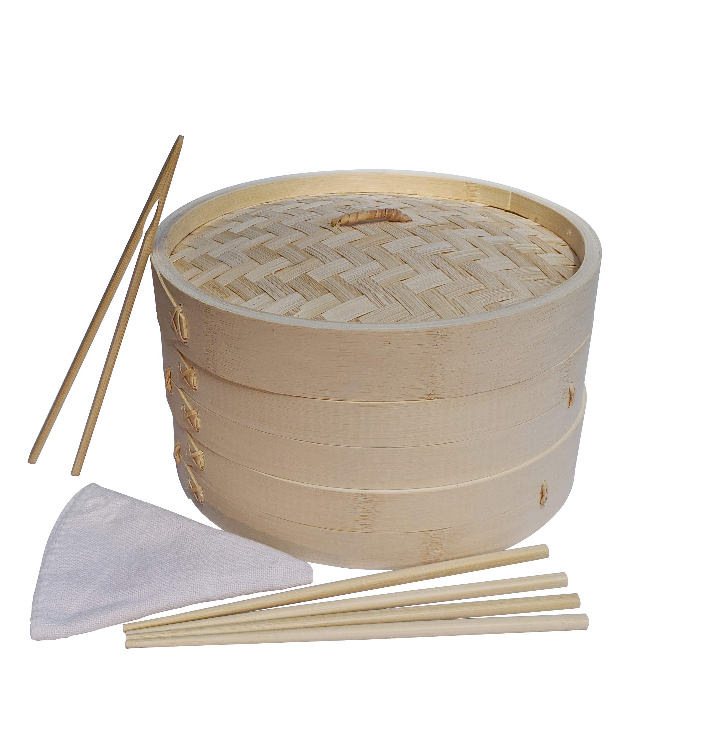 Bamboo Steamer Set - Includes Two 10 Inch Wooden Baskets, Chopsticks, Tongs and Cloth Liners - Steam and Cook Fish, Dumpli...