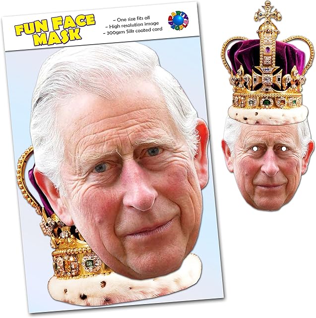 1 x Two Part King Charles III and Coronation Crown Mask Pack - Celebrity Face Mask - Ready To Wear - Great Charles The 3rd 2023 Coronation Souvenir