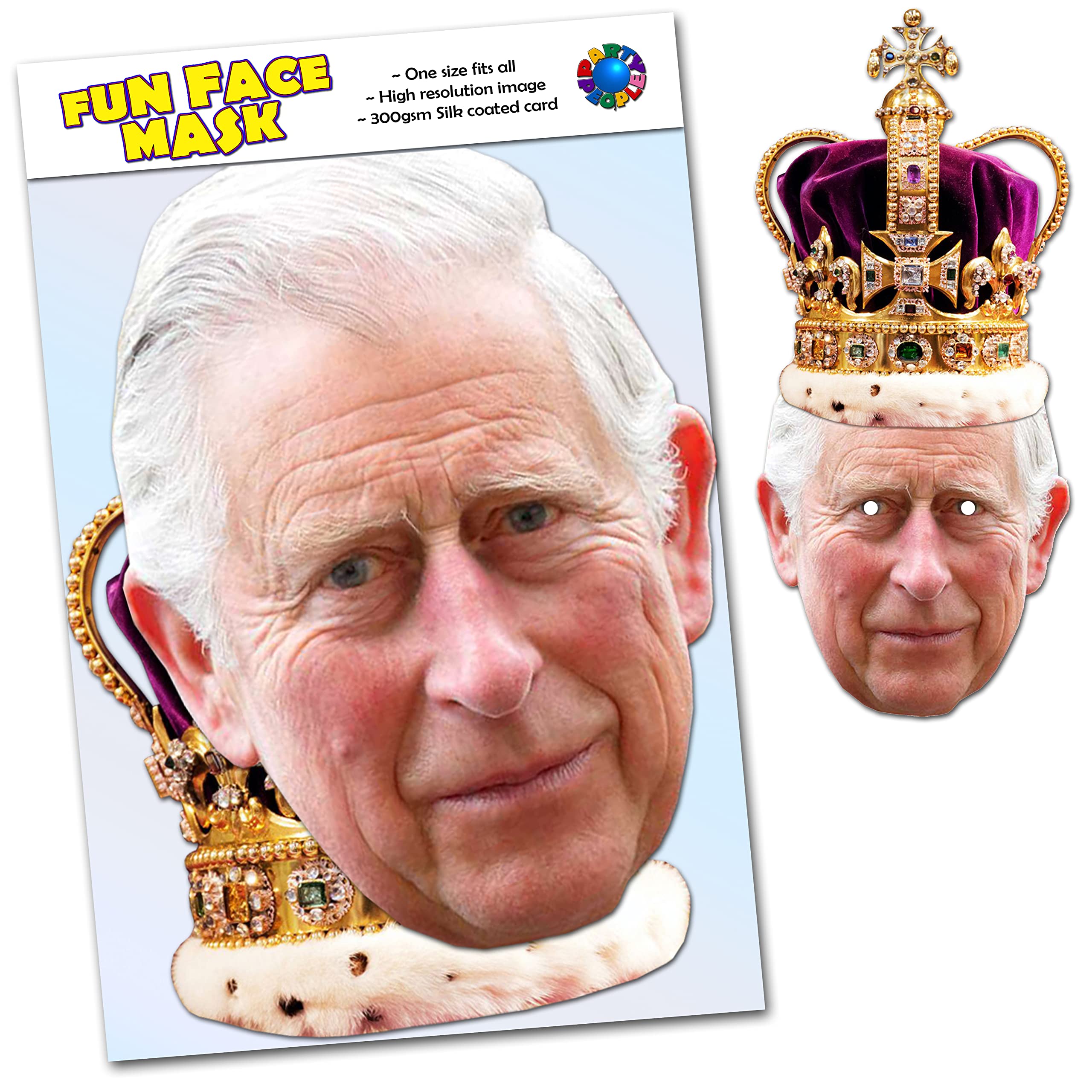 1 x Two Part King Charles III and Coronation Crown Mask Pack MADE IN BRITAIN - Celebrity Face Mask - Ready To Wear - Great Charles The 3rd 2023 Coronation Souvenir
