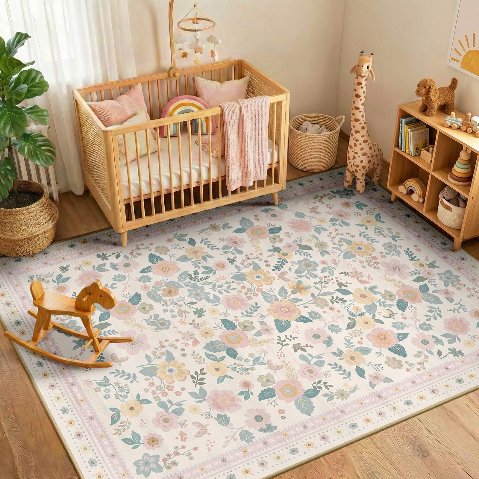 INOVADAY Waschbarer Teppich Boho Stil Kurzflor rutschfest Blumen Print Design Teppich für Wohnzimmer Schlafzimmer Esszimmer Büro Küche Flur Eingangshalle Badezimmer