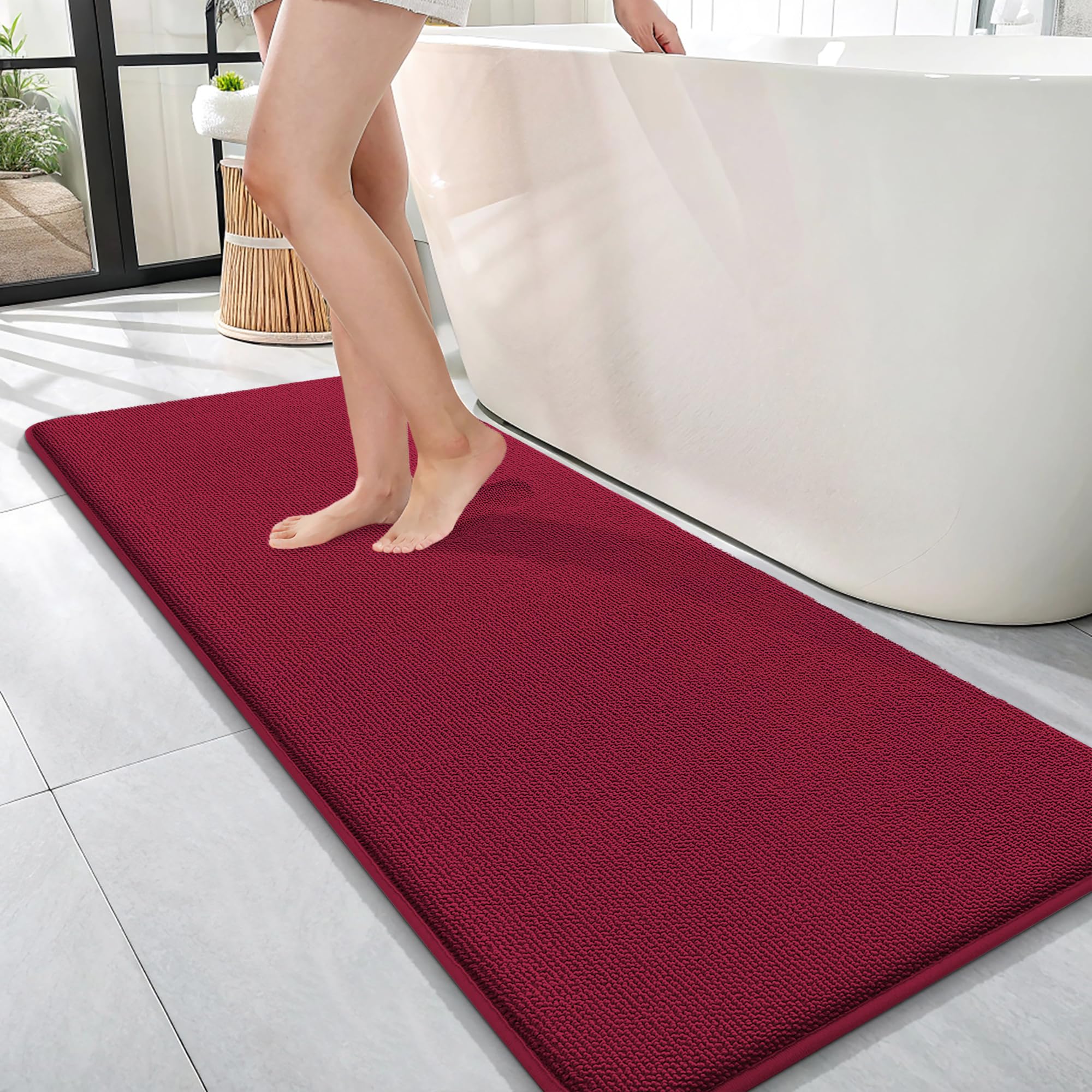OLANLY Memory Foam Bathroom Runner Rugs 47x17, Absorbent Long Mat, Burgundy