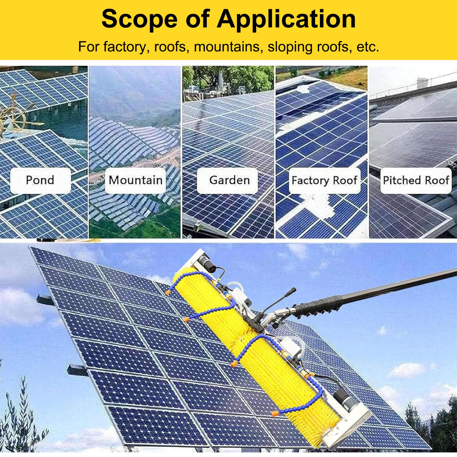 Kit di spazzole per la Pulizia di Pannelli solari - Asta telescopica da 4 m con Spazzola ad Acqua Larga 1,1 m per impianti fotovoltaici elettrici - Strumento efficiente p