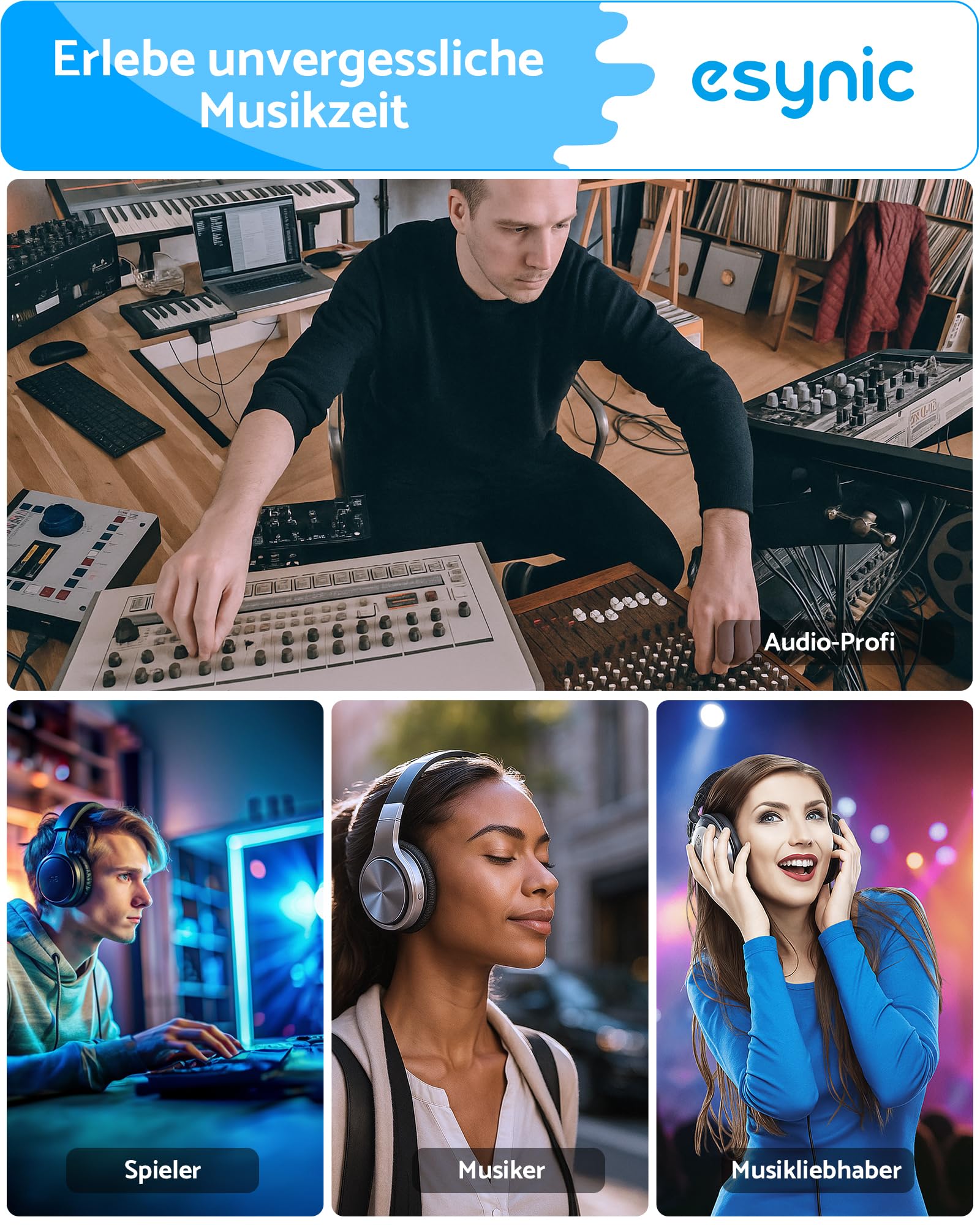 eSynic Tragbarer Kopfhörerverstärker mit Bluetooth 5.1 Empfänger Zwei-Phasen Gain-Schalter, HiFi 3.5mm AUX-Eingang 16-300Ωfür MP3, MP4-Player, Mobiltelefone, Computer, CD-Player usw.