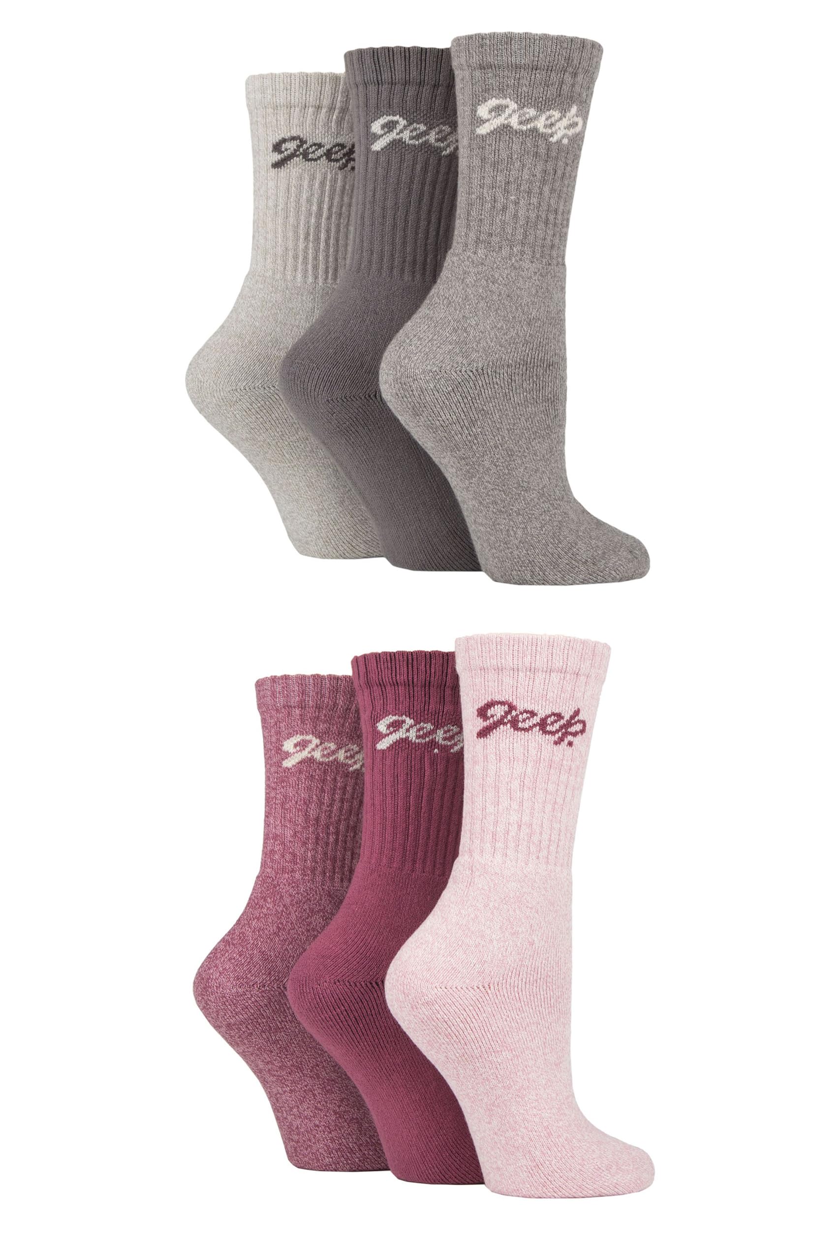 Jeep Ladies Cotton Boot Socks - Cushioned foot with Ribbed Leg, Plain, Breathable for Walking, Hiking and Outdoors Size 4-8 6 Pair Multipack Slate Pink