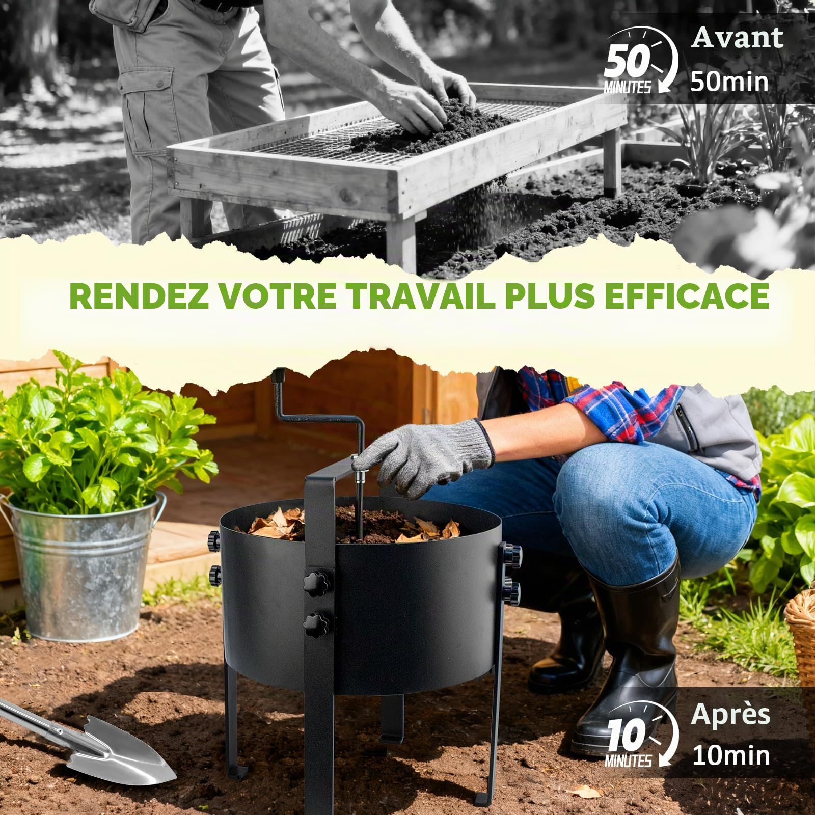 LIROPAU Tamis de jardin, tamis à compost, tamis de jardin en acier inoxydable avec 4 tamis interchangeables, diamètre 3, 6, 9, 12 mm, tamis de fond à manivelle en métal pour terre, compost, semences