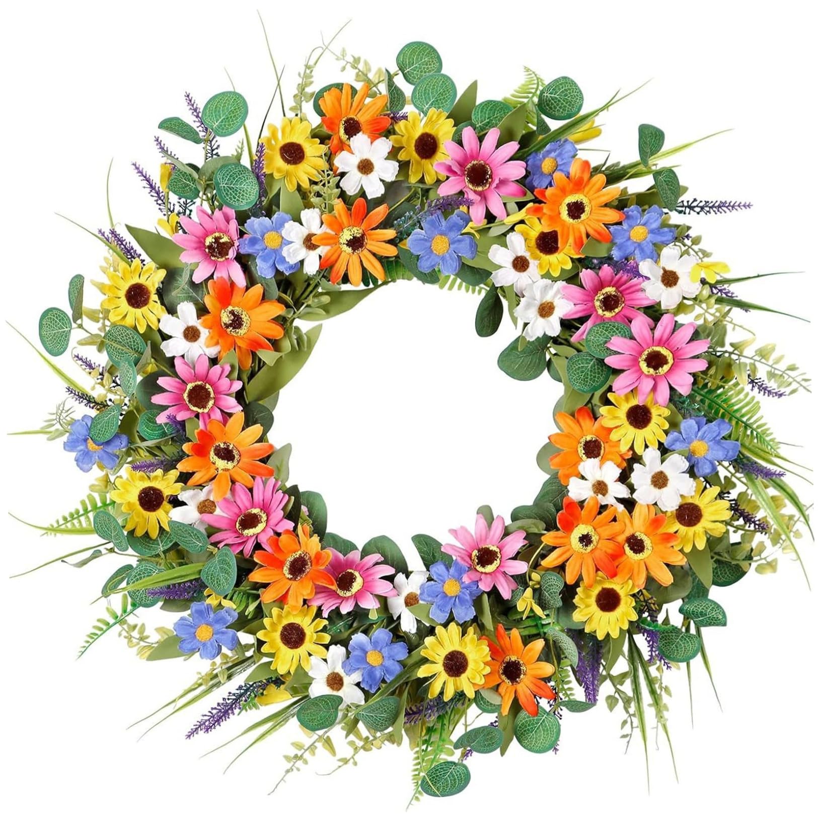 Ameble Colorful 22 Inch Flower Wreath With Eucalyptus Leaves, Floral Wreath For Front Door, Farmhouse Indoor Outdoor Door Wall Window Decor, Spring
