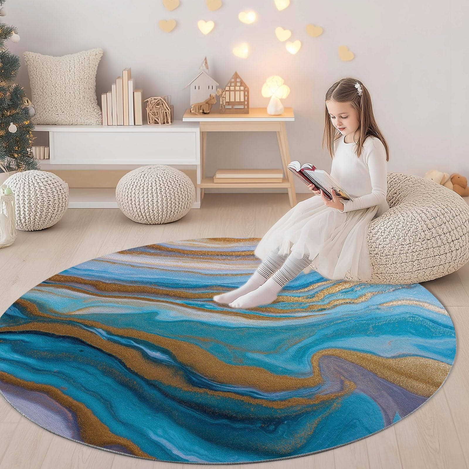 Générique Tapis Rond 100 cm Salon Vagues Océaniques en Marbre Bleu Et Or Lavable en Machine, Tapis Rond Abstrait Doux Descente de Lit Antidérapant pour Salle à Manger Bureau de Cuisine