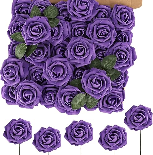 Miniatura 37 de MACTING Flores Artificiales Rosas 30PCS Tacto Real Flores Falsas con Tallo Rosa de Espuma Arcoíris para Bricolaje Ramos de Novia de Boda Centros