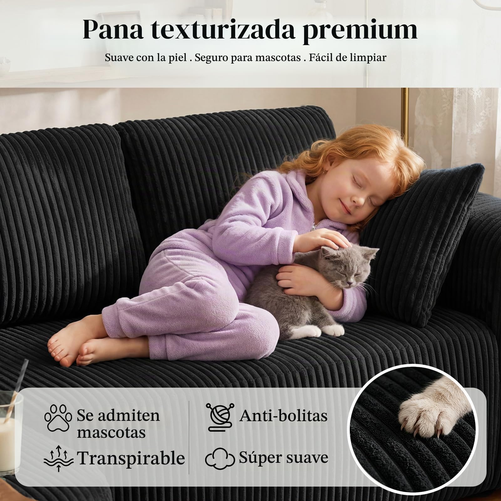 COMHOMA Sofá esquinero con función de dormir, 243 cm, sofá modular sin boneless con chaise longue, sofá cama seccional con cojines y bolsillos laterales, sofá para salón, sin montaje, color negro