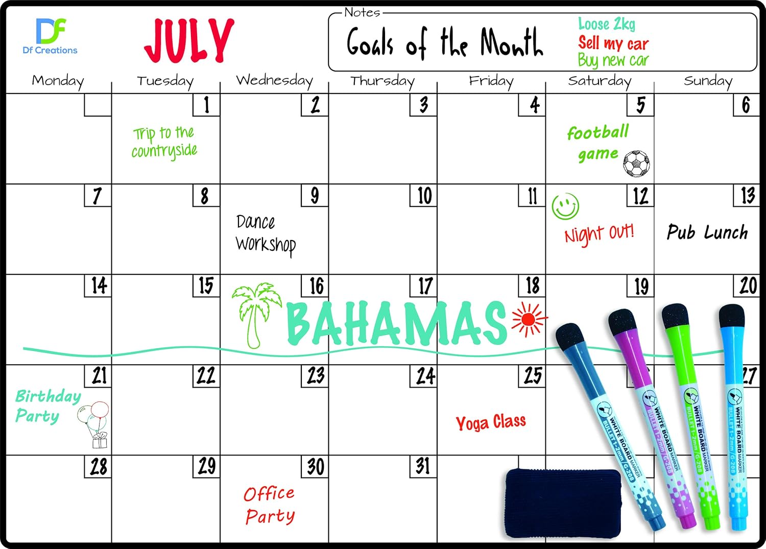 Magnetic Monthly Planner by DF Creations. Whiteboard Fridge Calendar – Organizer for Kitchen – Memo – Reminder – White Board Set Includes 4 Dry Erase Markers and Big Eraser Magnetic Monthly Planner by DF Creations. Whiteboard Fridge Calendar – Organizer for Kitchen – Memo – Reminder – White Board Set Includes 4 Dry Erase Markers and Big Eraser