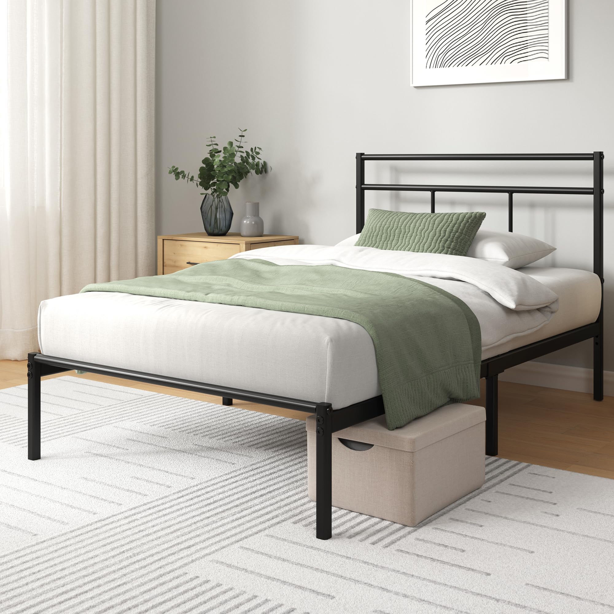 Zinus Łóżko Elias 90 x 190 cm - Metalowy stelaż z zagłówkiem - Wysokość 30 cm - Łóżko kontynentalne z blachy metalowej - Łatwy montaż - schowek pod łóżkiem - Nowoczesny design - Czarny