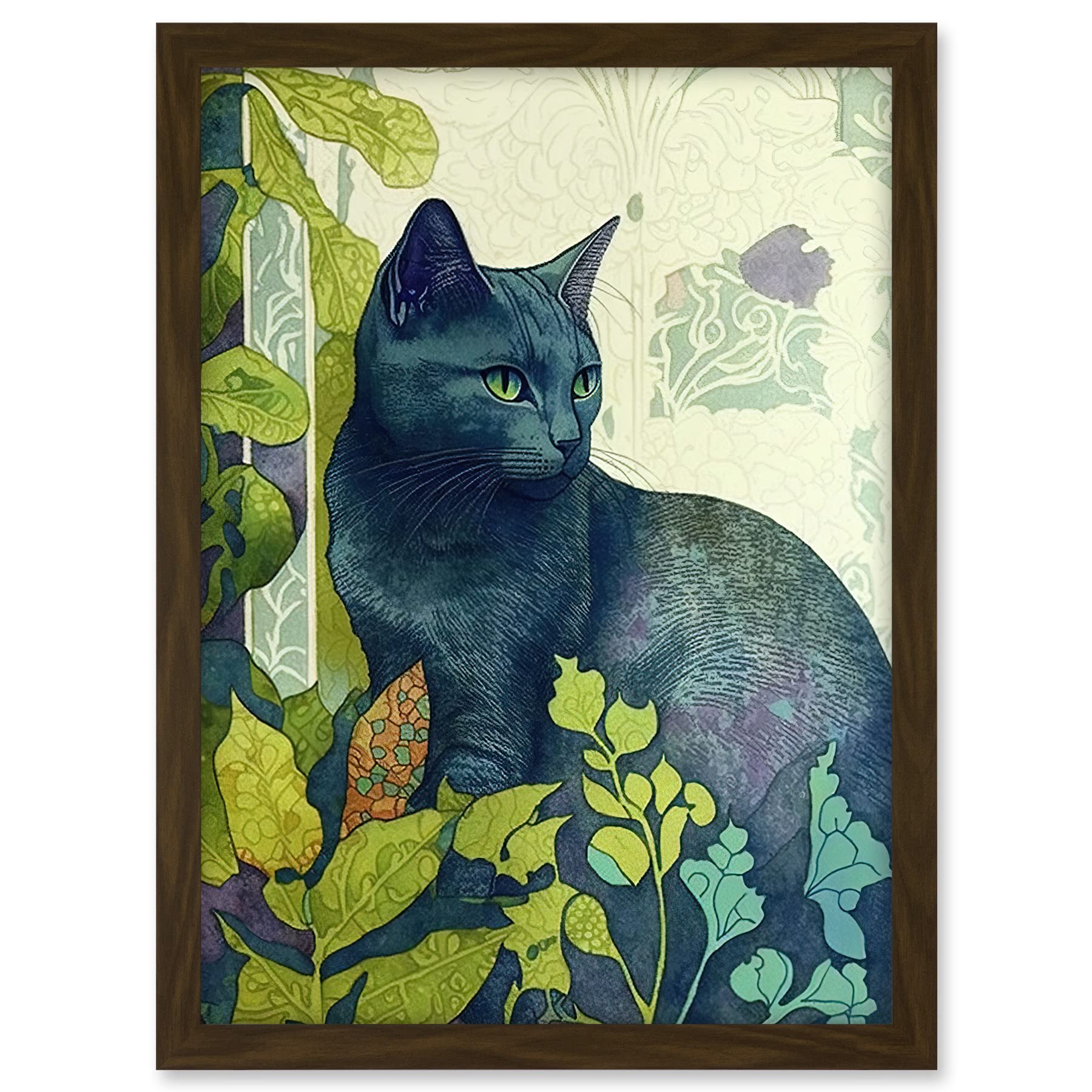 Artery8 Russian Blue Cat with Bright Ornate Plants Modern Art Nouveau Illustration Artwork Framed A3 Wall Art Print
