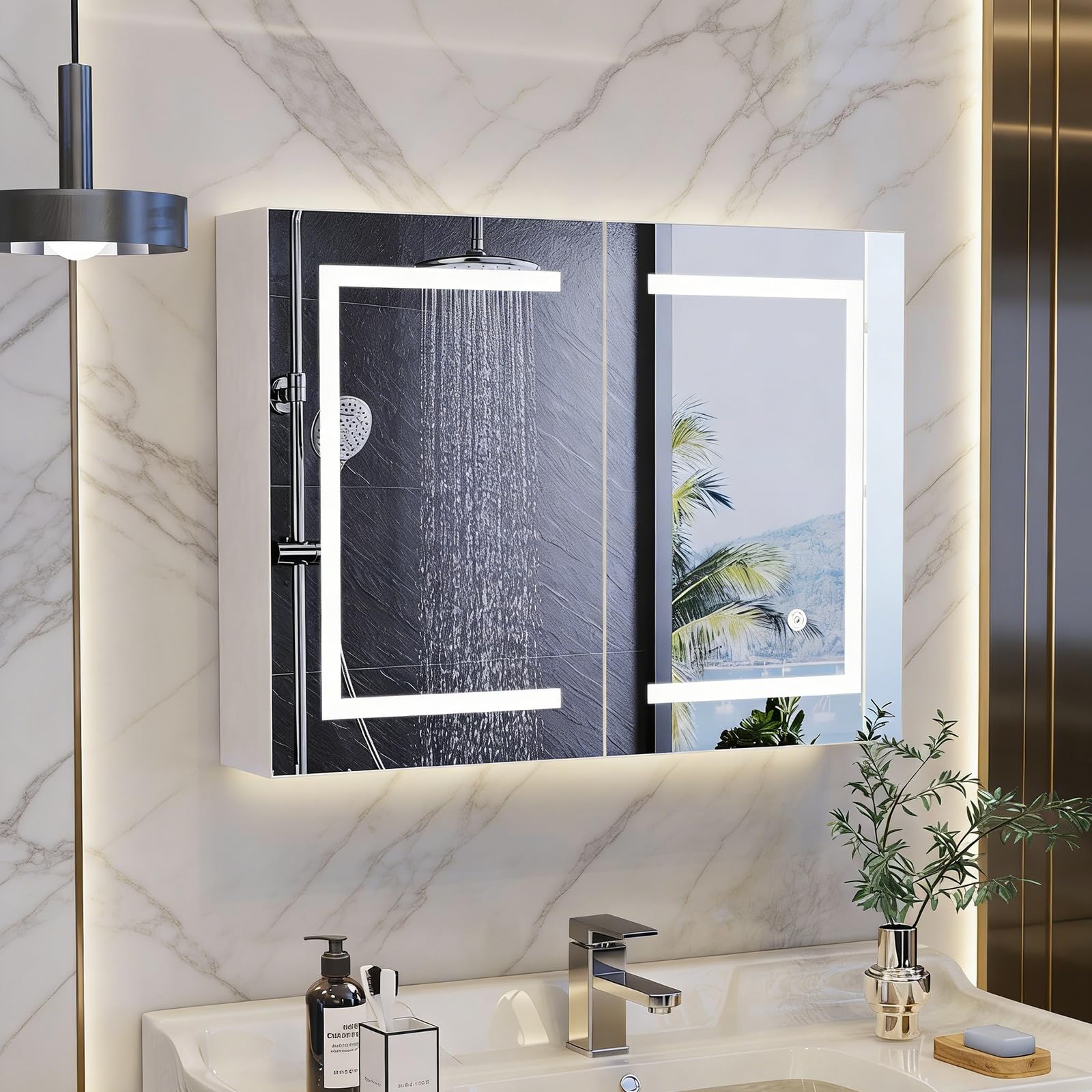 Specchio bagno contenitore con luce, 80 x 13,5 x 60 cm, Mobiletto Specchio Bagno Sospeso con 2 Ante, ripiano regolabile, luminosità regolabile, armadietto specchio bagno (bianco, 80 x 60 cm)