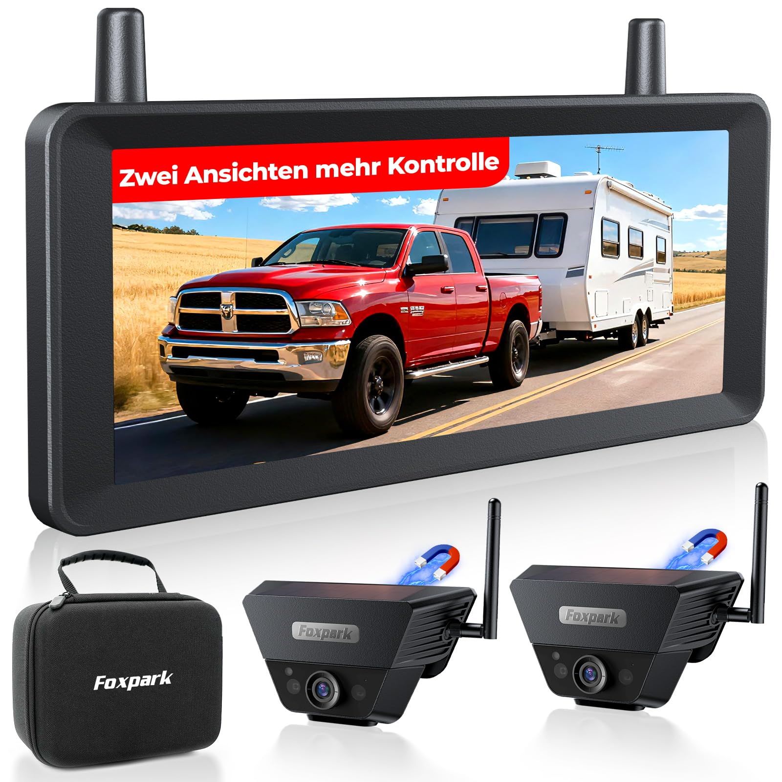 Zwei Solar Rückfahrkamera Kabellose Magnet 7,2 Zoll 1080P Dual Channel Monitor DVR Aufnahme Dual Rückfahrkameras Wohnmobil Camper Anhänger