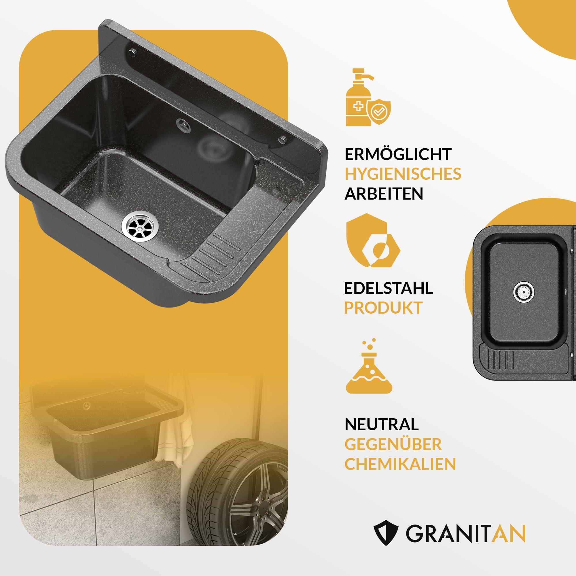 Granitan Ausgussbecken für Garage Keller Werkstatt und Waschküche - Universal Waschtrog Set mit Siphon - Waschbecken mit Abtropfschale Wandmontage aus Polypropylen - 50x34x31 cm - Grau - Figo